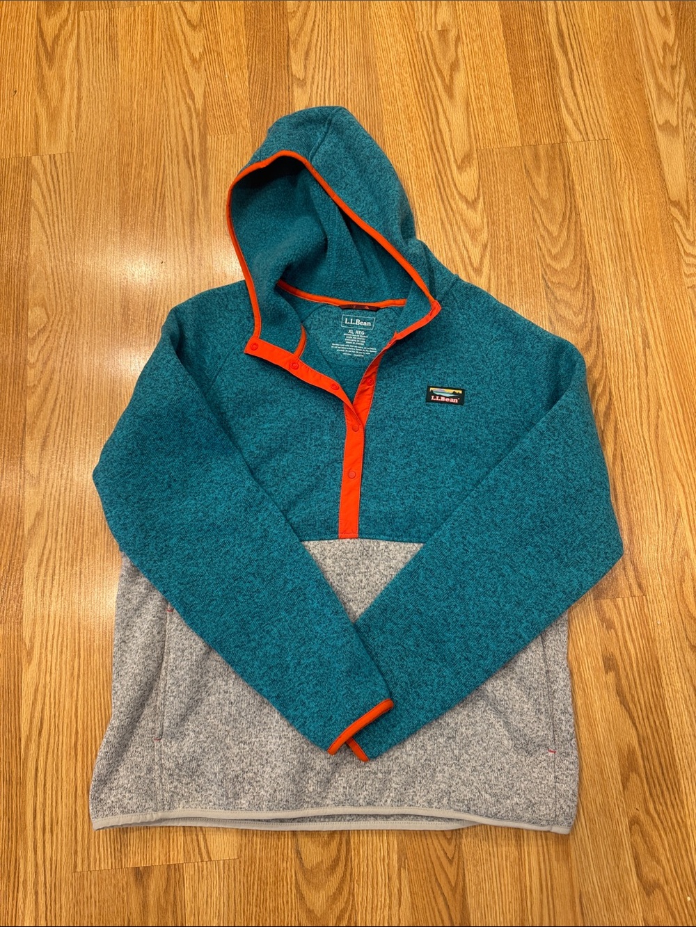 L.L. Bean Teal & Gray Hooded Snap Quarter Fleece with Orange Trim
